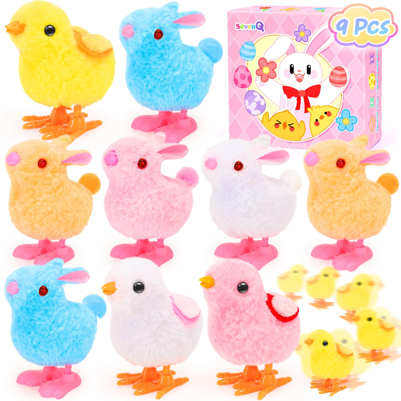SevenQ Wind Up Toys for Kids Easter Basket Stuffers, 9Pcs Hopping Bunny and Plush Chicks Jumping Small Fidget Toy for Easter Egg Fillers Goodie Bags Treasure Chest Party Favors Gifts