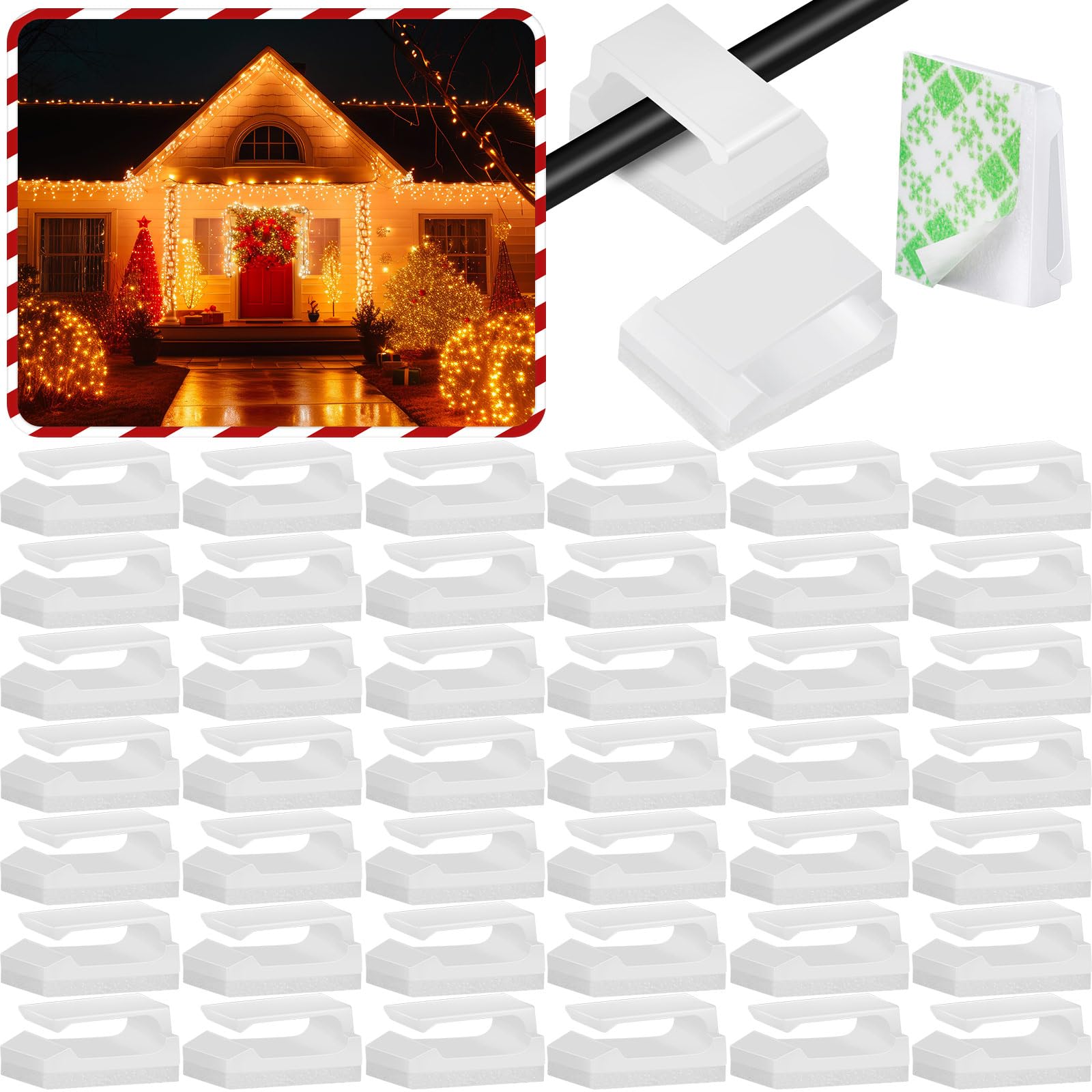 Hicarer 100 Pcs Adhesive Cable Clips Hooks for Outdoor String Lights Clips Wire Clips Cable Management Wire Cord Holder for Hanging Christmas Light Wall Desk Car Home Office (White, Large)