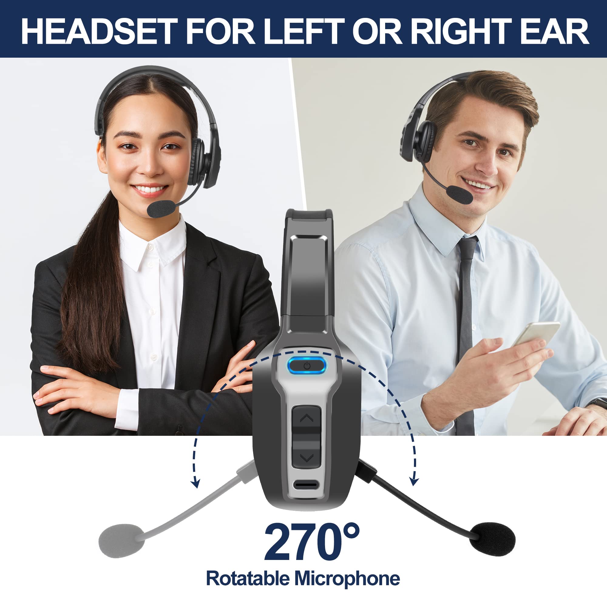 Trucker Bluetooth Headset, V5.2 Wireless Headset with Upgraded Microphone AI Noise Canceling, On Ear Bluetooth Headphone with Mute for Driver Office Call Center