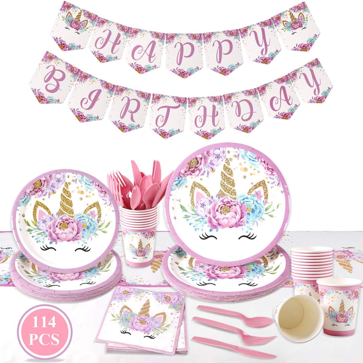 Unicorn Party Supplies Tableware Set - 114Pcs Unicorn Birthday Decorations Plates,Cups,Napkins,Forks,Knives,Spoons,Tablecloth,Banner for Kids Girls Unicorn Party Decorations Baby Shower Serves 16