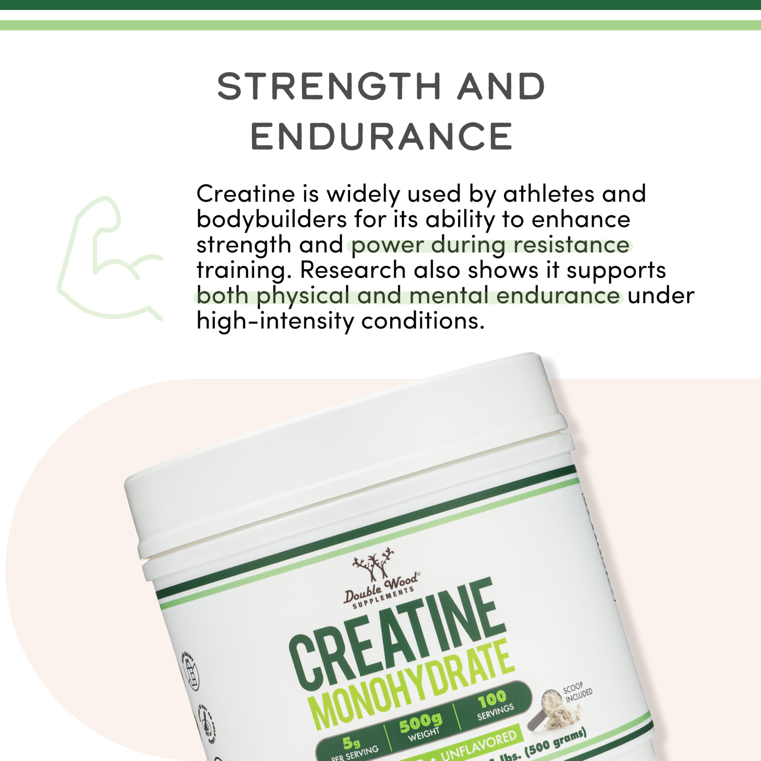 Creatine Monohydrate Powder 1.1lbs (100 Servings of 5 Grams Each) - No Fillers, Vegan Safe, Non-GMO, Gluten Free by Double Wood