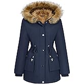 Wiepux Womens Winter Coat Warm Thicken Puffer Jackets with Fur Hood Fleece Lined Parka Full-Zip Coat Overcoat