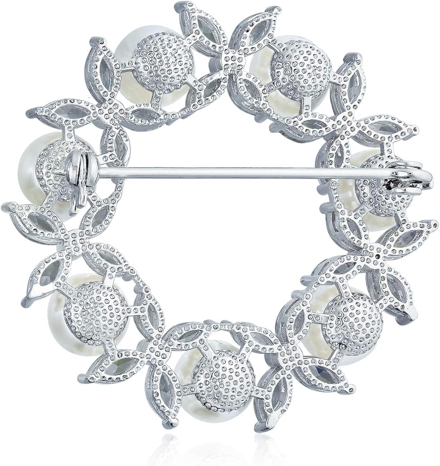 Elegant Bridal Holiday Marquise CZ Cubic Zirconia Round White Simulated Pearl Wreath Circle Scarf Brooch Pin For Women Wedding - Image 3