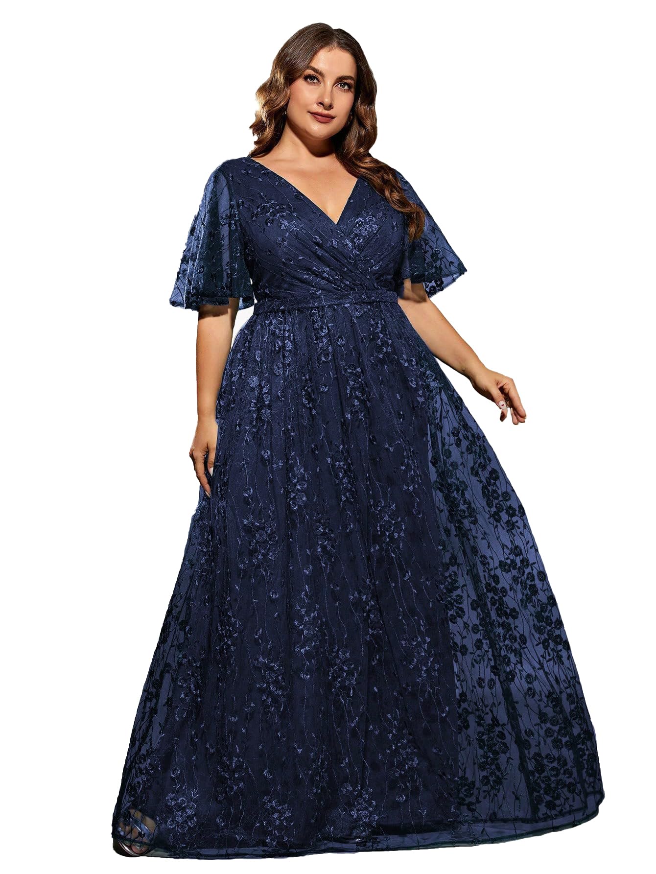 Photo 1 of MIMIFINA Plus Size Women's V Neck Ruffles Flutter Sleeve Embroidered Lace A Line Maxi Dress for Wedding Party Evening A-Navy Blue