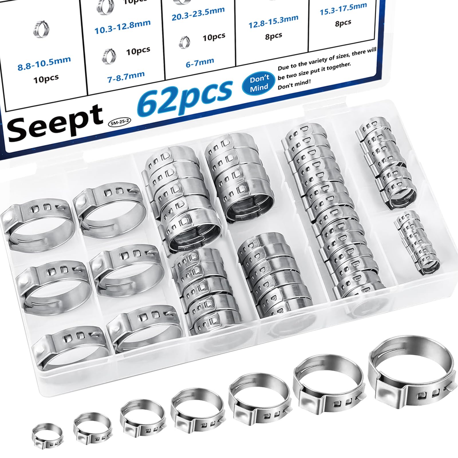 Photo 1 of Seept 62Pcs 7 Sizes 304 Stainless Steel Single Ear Hose Clamps 6-23.5mm Crimp Hose Clamps Assortment Kit Perfect for Automotive/Home Appliance/Water Pipe and Fuel Line