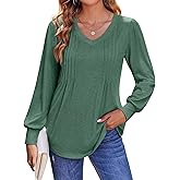 TICTICMISS Women's Pleated V Neck T Shirts Puff Long Sleeve Tops Casual Loose Fit Tunic Blouses