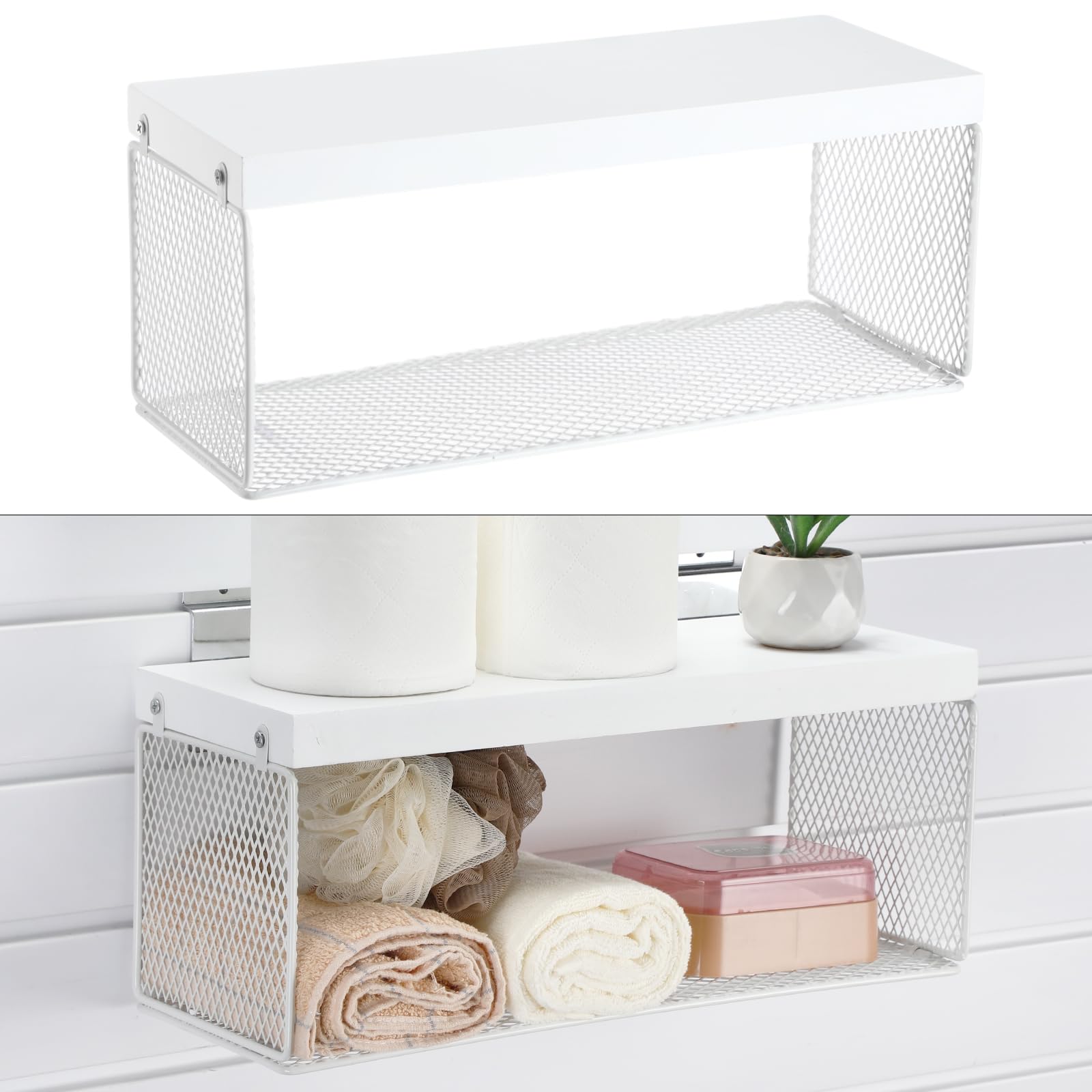 Photo 1 of Blulu 1 Pack Slatwall Shelf 15. 7x6 Inches Metal Slatwall Baskets with Hooks Heavy Duty Slat Wall Accessories Wall Hanging for Garage Workbench Tool Home Office Kitchen Living Room (White)