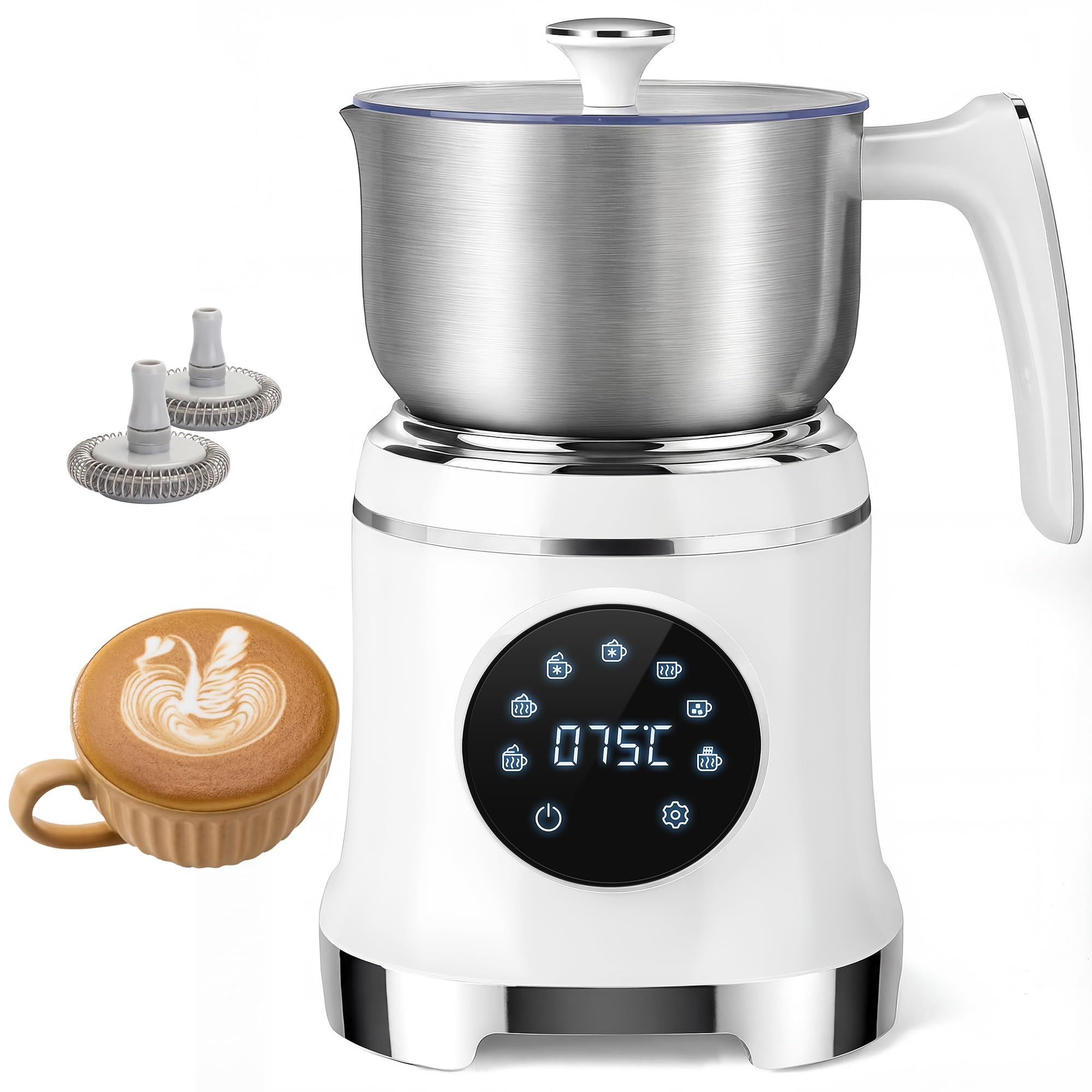 Photo 1 of JLFJMGC 7-IN-1 Milk Frother, 20.3 OZ Milk Frother and Steamer with Temperature Control Stainless Steel Electric Milk Frother Dishwasher Safe Hot and Cold Foam for Latte Hot Chocolate Cocoa (White)