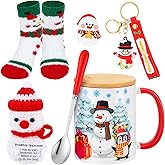 Acellegic 6 Pcs Christmas Mug Gift Set 13.5 oz Snowman Christmas Coffee Mug with Lid Fuzzy Socks Red Spoons Crochet Doll Keychains Acrylic Badge for Women Men White Elephant Birthday Xmas Gifts