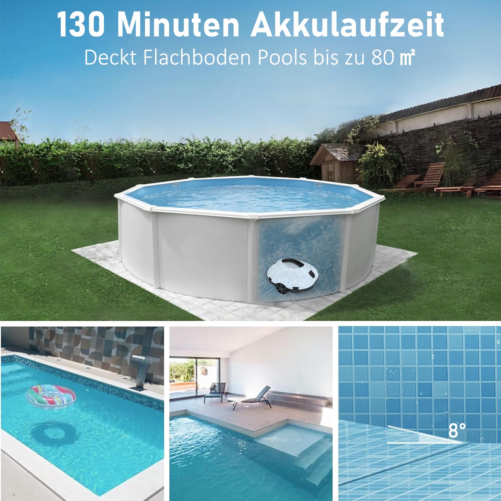 COOLWEST Poolroboter Akku, 130 Minuten Reinigungszeit, Pool Roboter Kabellos, Automatische Poolreiniger mit Selbsteinparkfunktion, Pool Saugroboter für Rundpool und Aufstellpool 4