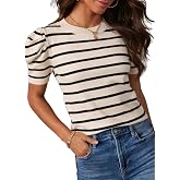 Dokotoo Women's Short Puff Sleeve Tops 2026 Striped Lightweight Sweaters | Trendy,Crewneck, Casual,Business,Knit Tops