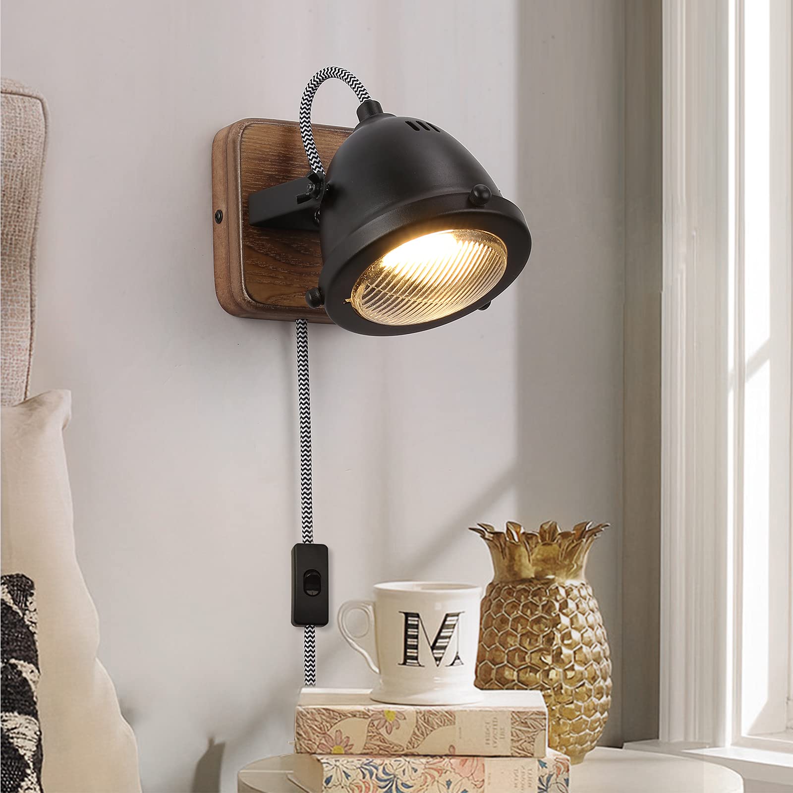 Industrial Black Wall Lamp with Cord Vintage Decorative Mounted Fixture with Plug in Switch Included Gu10 Bulb ,Farmhouse Bedrooms Living Room Lighting , Retro Shade Corded Wood Metal Sconce Light