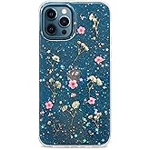 Abbery iPhone 12 Pro Max Case - Pink Gypsophila Floral Design, Glitter Sparkle, Soft Silicone TPU, Real Pressed Flowers, Aesthetic & Protective for Women & Girls