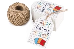 WRAPAHOLIC Back to School Gift Tags with String - 100PCS First Day of School Gift Tag, Teacher Printable Paper Tags with 100 Feet Natural Jute Twine