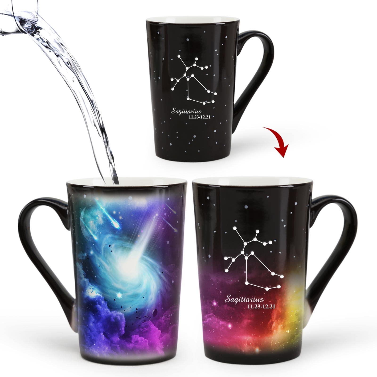 Mugkiss Sagittarius Heat Color Changing Constellation Cup 12oz, Horoscope Coffee Mug, Ceramic Cup, Unique Holiday Birthday Gift for him and her, November December Magic Presents.