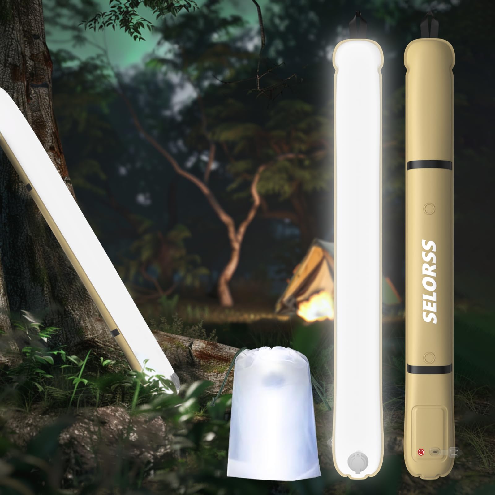 SELORSS Inflatable Camping Lights 33.86IN/86CM Foldable Outask Telescopic Lamp, Portable Outdoor 2000mAh LED Light IP66 Waterproof with Dimmable Bright for Camping, Hiking, Travel, Festival - Kaki