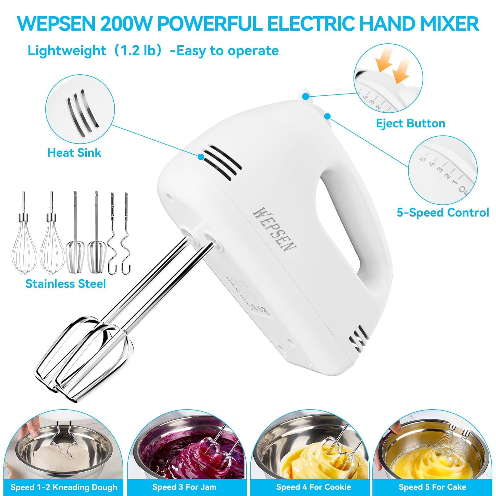 Hand Mixer Electric Mixing Bowls Set, 5 Speeds Handheld Mixer with 4 Nesting Stainless Steel Mixing Bowl, Measuring Cups Spoons 200W Kitchen Blender Whisk Beater Baking Supplies For Beginner