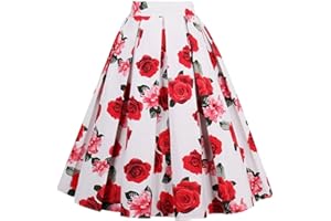 Girstunm Women's Pleated Vintage Skirt Floral Print A-line Midi Skirts with Pockets