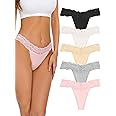 voenxe Seamless Lace Thongs for Women No Show Thong Underwear,Lady Breathable Comfort Panty Soft Laser Cut Undie,Tanga,5-Pack
