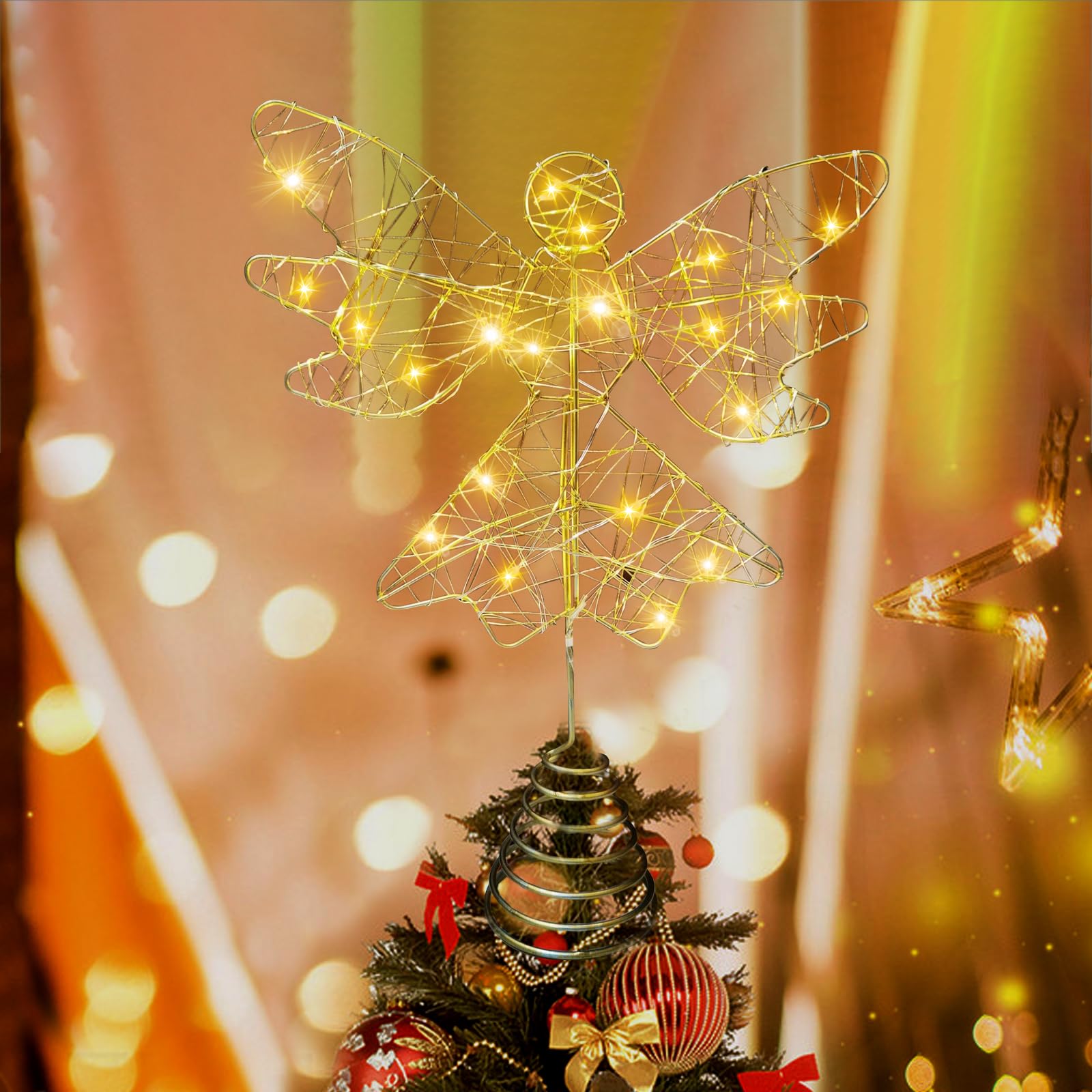 Christmas Tree Topper, 11.8 Inches Gold Glittered Xmas Tree Star Topper 10 LED Light Up Star Tree Topper Xmas Metal Wire Tree Top Ornament for Home Office Xmas Party Decor (Angel)
