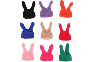 DOITOOL 9pcs Miniature Knitted Doll Hat with Rabbit Ears - Mini Knitting Hats Doll Dress-Up Costume Headwear Easter Wine Bott