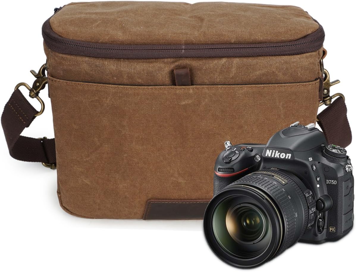 Vintage Waterproof Canvas Leather Trim DSLR SLR Shockproof Camera Shoulder Messenger Bag­ (Brown)