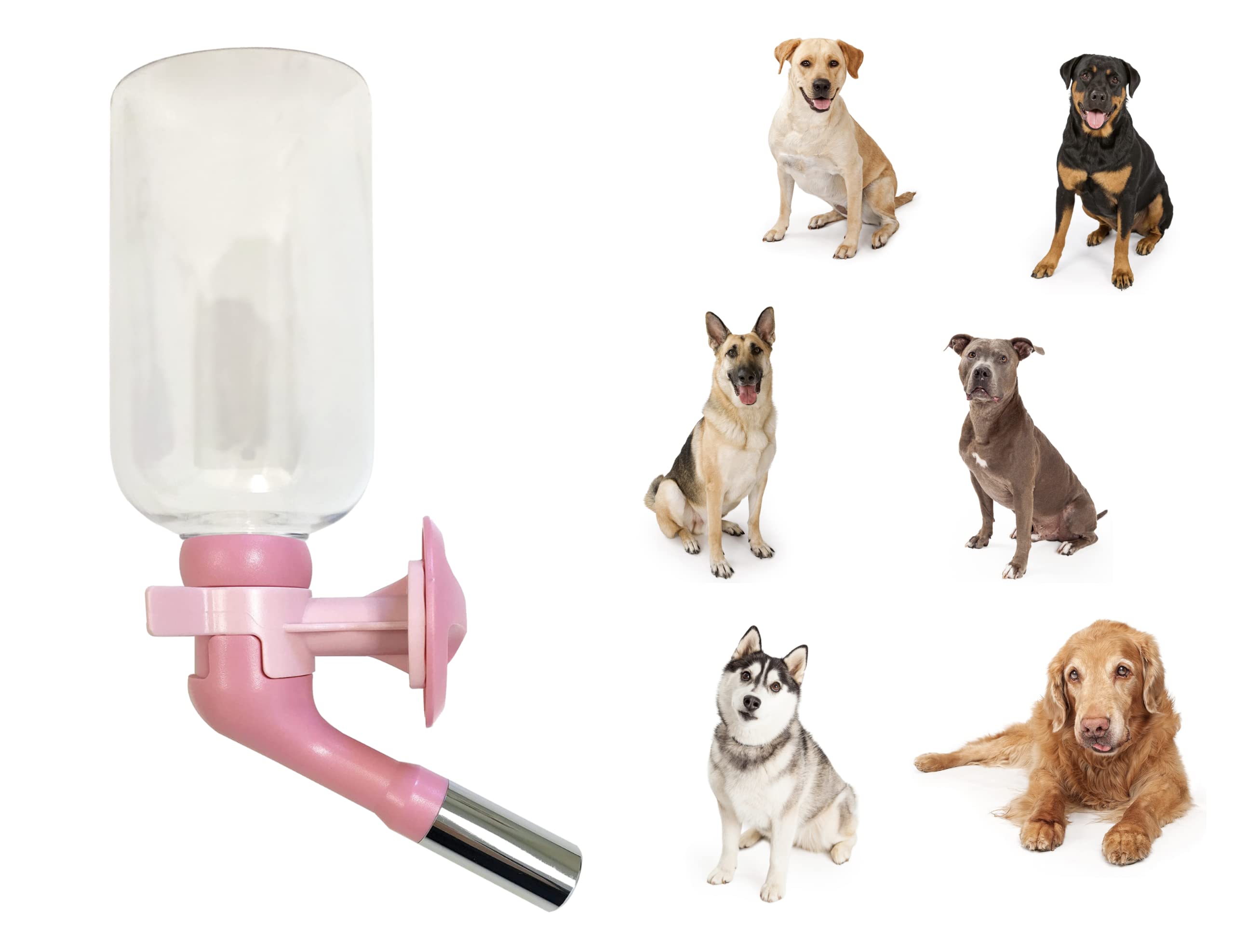 Choco Nose Patented No-Drip Water Bottle/Feeder ONLY for Large Size Dogs Over 50 lbs Pet Wire Cages, Crates or Kennels. 500ML Nozzle 22mm, Pink(C570)