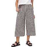 Flygo Women’s Wide Leg Gingham Capri Pants Cotton Elastic Waisted Plaid Palazzo Bottoms Flowy Trousers with Pockets
