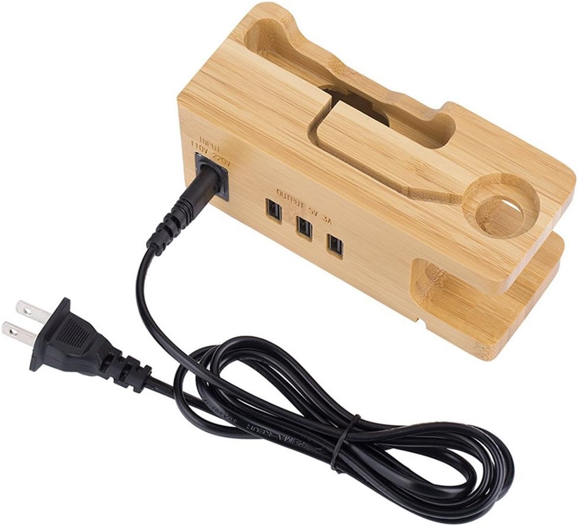 IPUTY Charging Station,USB Charging Stand, Bamboo Wood Mobile Phone Holder w/3 USB Ports Charging Dock Compatible Apple Watch(38mm&42mm),iPhoneX/8/8Plus/7/7Plus/SE/6s/6 Other Smartphone