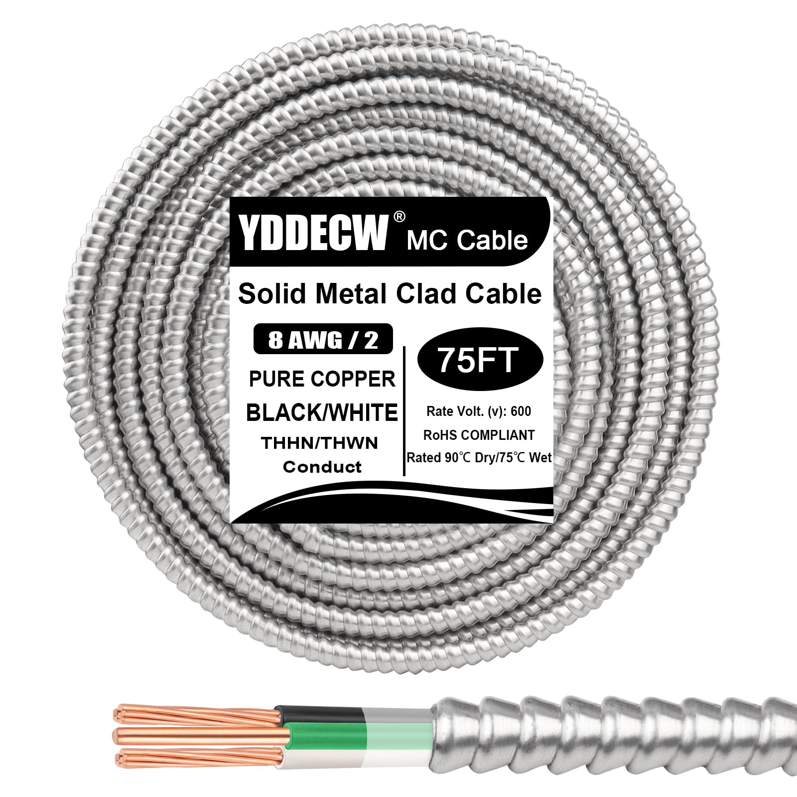 Photo 1 of 75ft 8/2 Metal Clad (MC) Cable with Ground, 8 Gauge Electric Wire with Aluminum Armor, Solid Bare Copper Conductors for Indoor Outdoor Underground Embedded Installation (8/2, 75 ft)