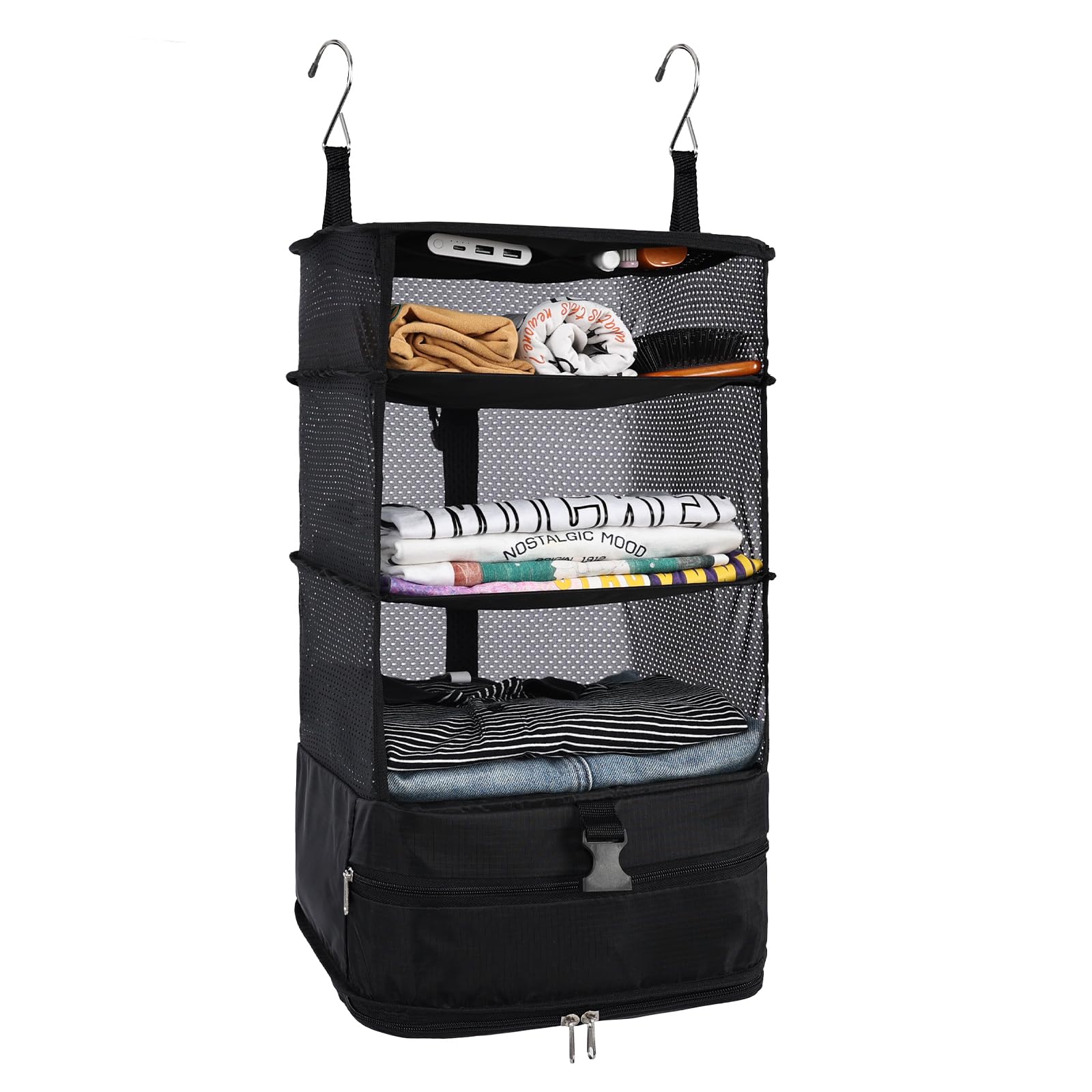 Surblue Hanging 3-Shelf Closet Organizer Pocket Collapsible Washable Oxford Fabric with 2 Hooks Black L