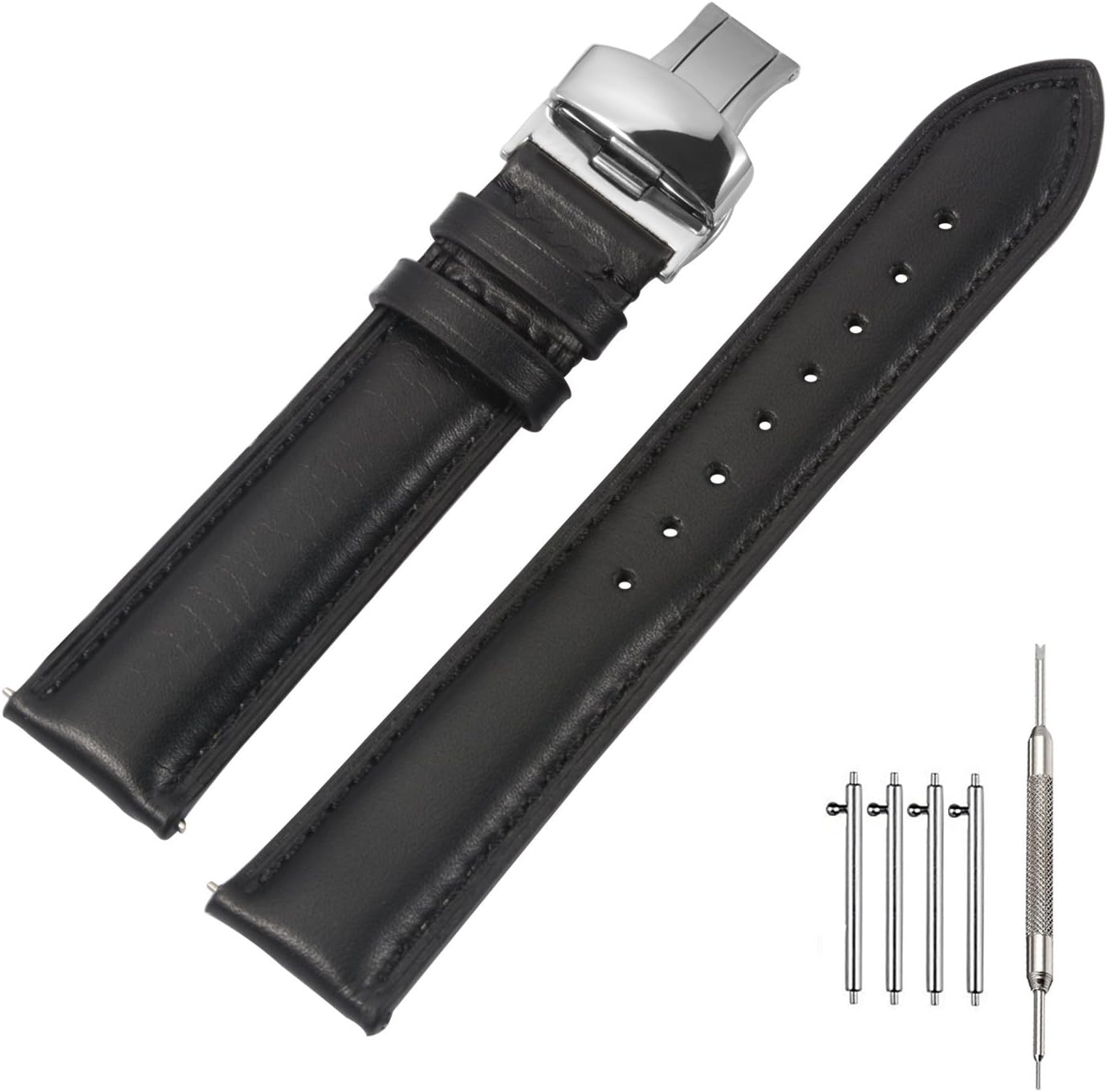 Quick Release Watch Band 18mm Leather Black Replacement Watch Strap Genuine Polished Deployant Clasp Buckle Padded Super Soft (18mm 20mm 22mm)