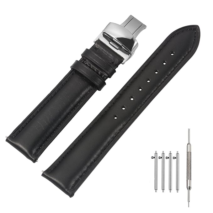 Schnellverschluss Echtleder Uhrenarmband 22mm Ersatz, Polierte Faltschließe, Super Weich Gepolsterte Uhrenarmband (18mm 19mm 