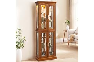 Firscook Curio Cabinet Wooden Display Cabinet,Curio Cabinet with Adjustable Glass Shelves Vintage, Lighted Curio Diapaly Cabinet,Vintage Accent Storage Cabinet with 6 Shelves,70" Curio Cabinet(Oak)