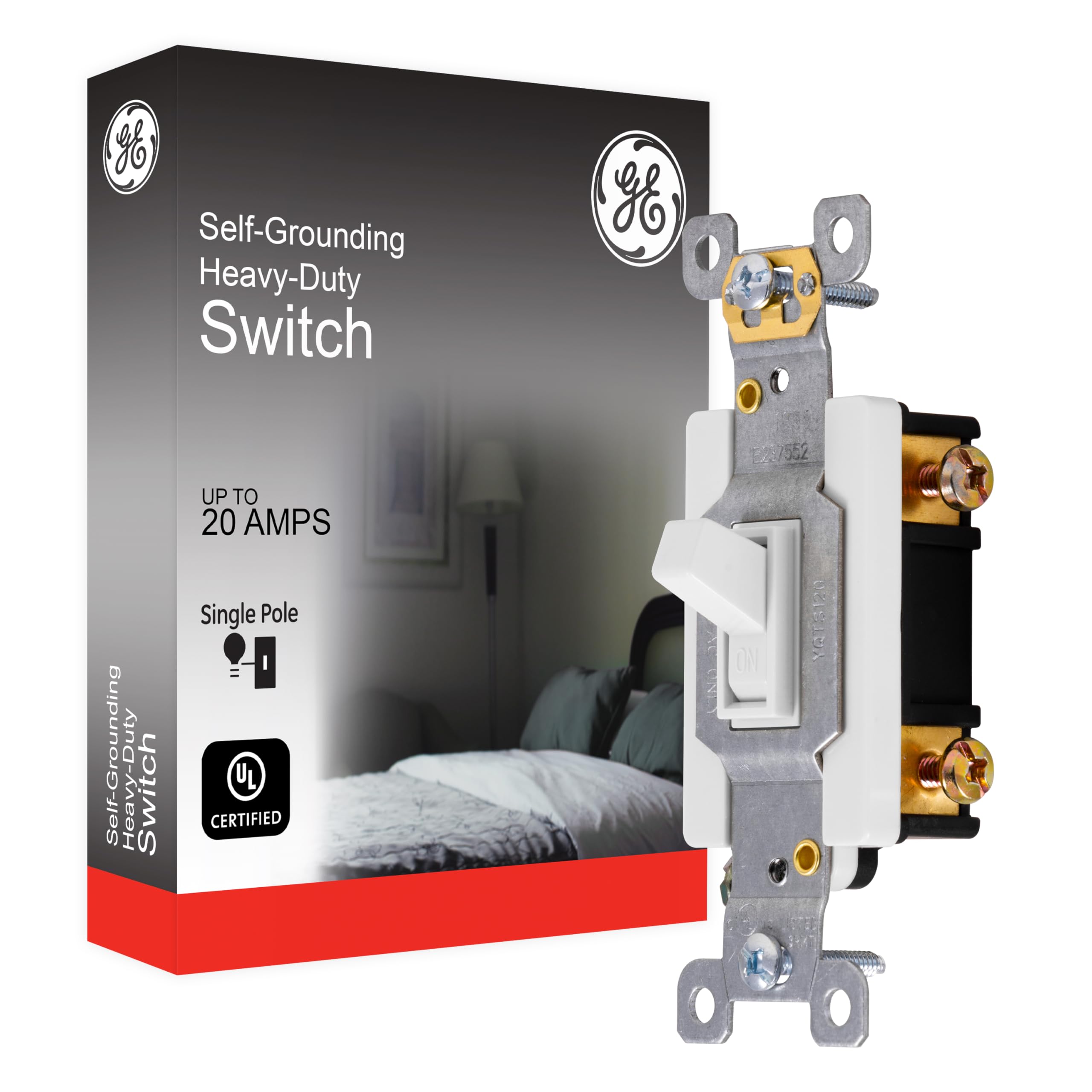 Photo 1 of GE Heavy-Duty, Single Pole, in-Wall, Light, Fan, One Switch Circuits, Self-grounding Clip, Easy to Install, 20A/120V AC, UL Listed, White, 42160