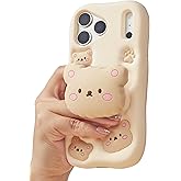 TUFTA Kawaii 3D Teddy Bear Phone Case for iPhone 17 Pro (with Retractable Phone Stand & Grip) Cute Girly Cartoon Soft Silicone Phone Cover for Girls, Kids, Teens, and Women, Beige