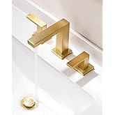Indare Brushed Gold Bathroom Faucets， Vanity Faucets for Sink 3 Hole ，Two Handles Widespread 4 Inch 8 Inch Brass Bathroom Sink Faucet with Pop Up Drain and Cupc Lead-Free Hose