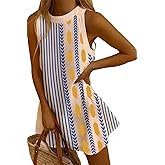 Womens Tank Dress Summer Casual Short Dresses Crew Neck Sleeveless Novelty Floral Printed Loose Aline Sundress Size L Yellow Blue Stripe