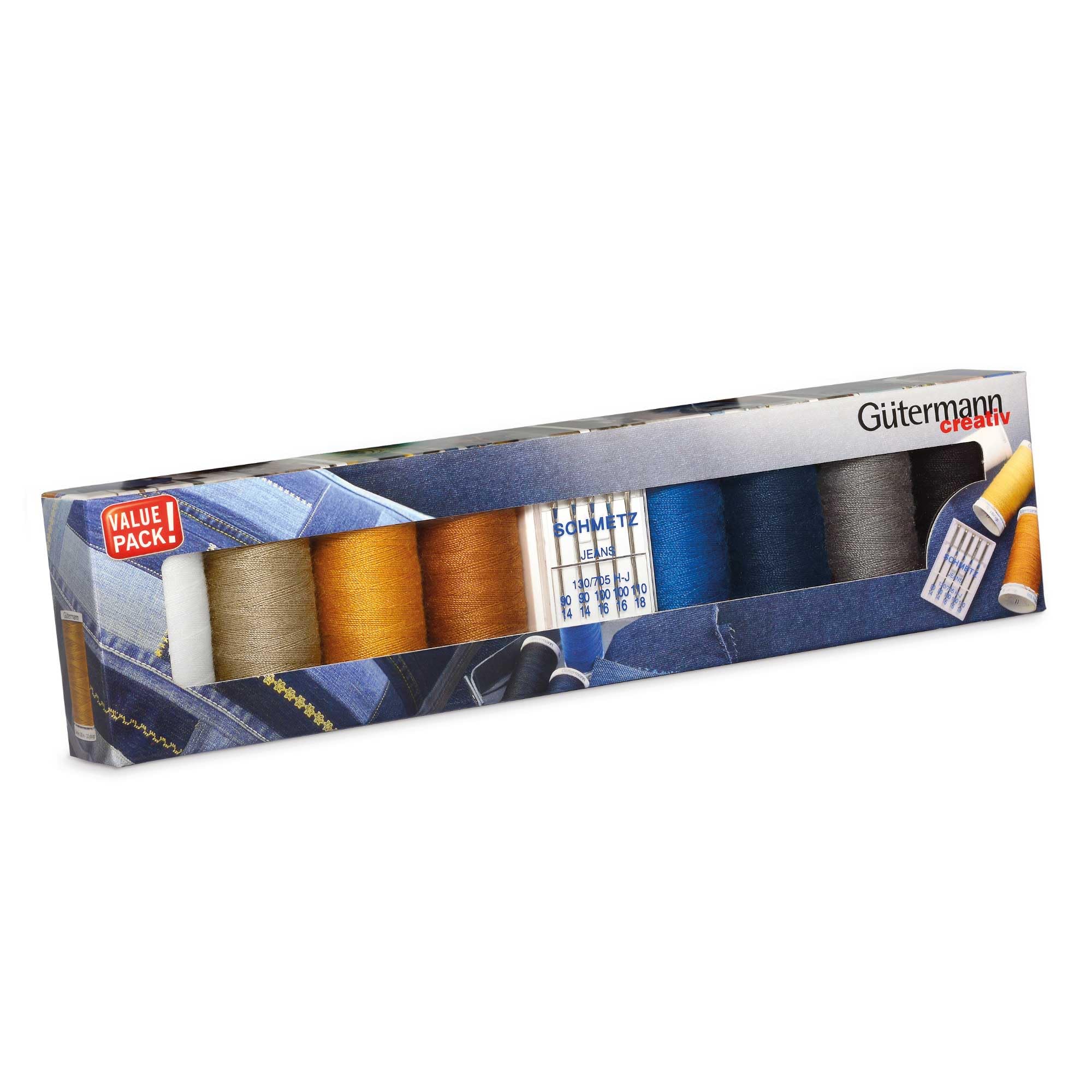 Gütermann creativ Sewing Thread Set with 8 spools Professional Jeans Thread Denim 100 m in The Typical Denim Seam Colours + 5 Jeans Sewing Needles by SCHMETZ