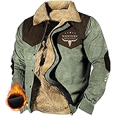 domirica Western Cowboy Ethnic Jackets for Men Longhorns Graphic Fleece Zip Up Trucker Jackets Heavyweight Work Coat