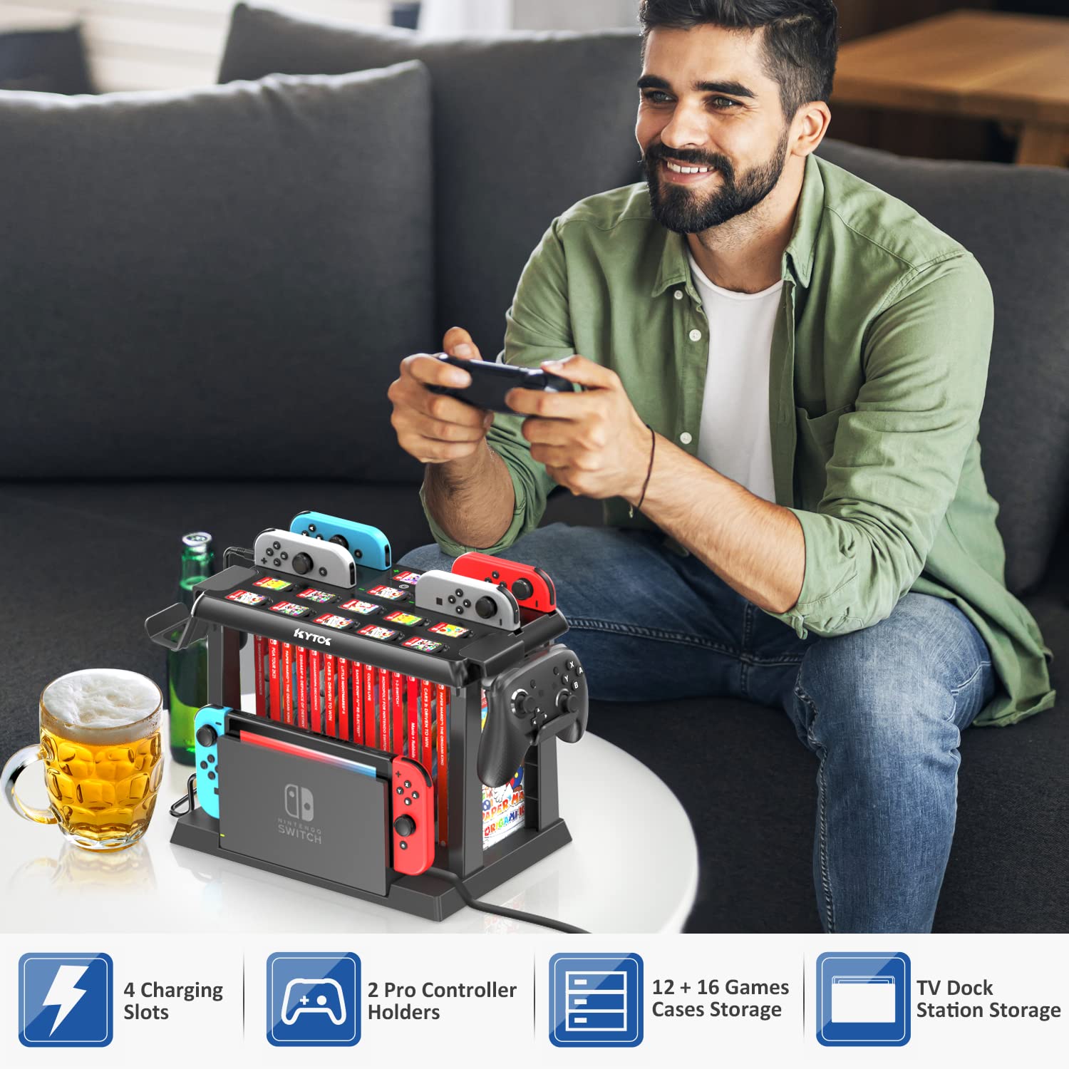 Switch Games Organizer Station with Controller Charger, Charging Dock for Nintendo Switch & OLED Joycons, Mounts, Brackets & Stands for Games, TV Dock, Pro Controller, Accessories Kit Storage
