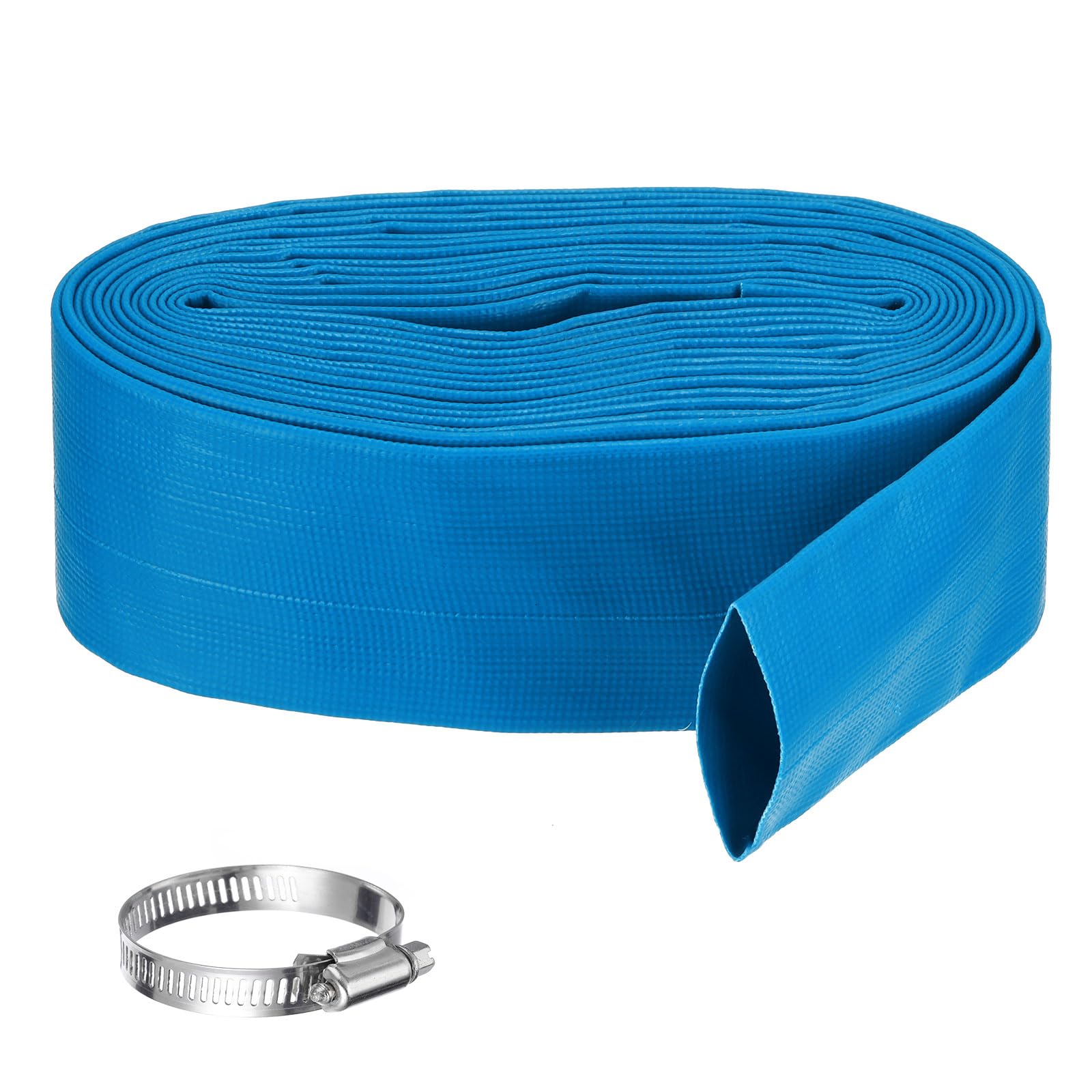 Rebower Pool Backwash Hose, 2.5 Inch x 25ft Reinforced Drain Hose PVC Lay Flat Water Discharge Pump Hoses for Pool Filter Swimming Pump, with 1pcs Clamps, Blue