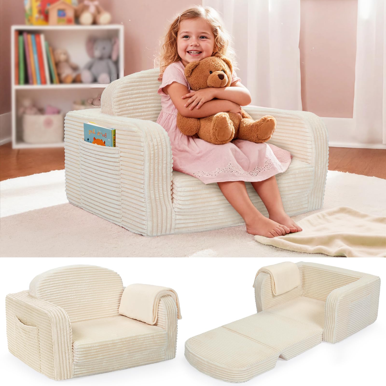 Photo 1 of ** SIMILAR** Foryoomi 2 in 1 Convertible Kids Couch - Corduroy Fold Out Kids Sofa Chair with Blanket, Comfy Comfortable Toddler Chair, Machine-Washable Cover, for Boys Girls, Medium Cream