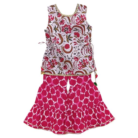 Peaches By Hopscotch Girls Poplin Floral Print Sharara Set In Pink Color