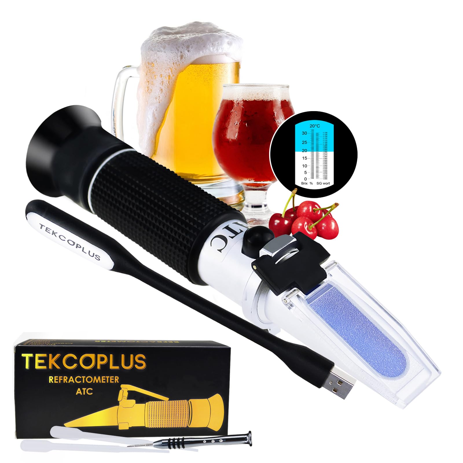 Brix Beer Wort & Wine Refractometer ATC Dual Scale, Specific Gravity 1.000-1.120 & Brix 0-32%, for Wine Making and Beer Brewing, fruit juice, hops sugar, Homebrew Kit, w/ EXTRA LED light & pipettes
