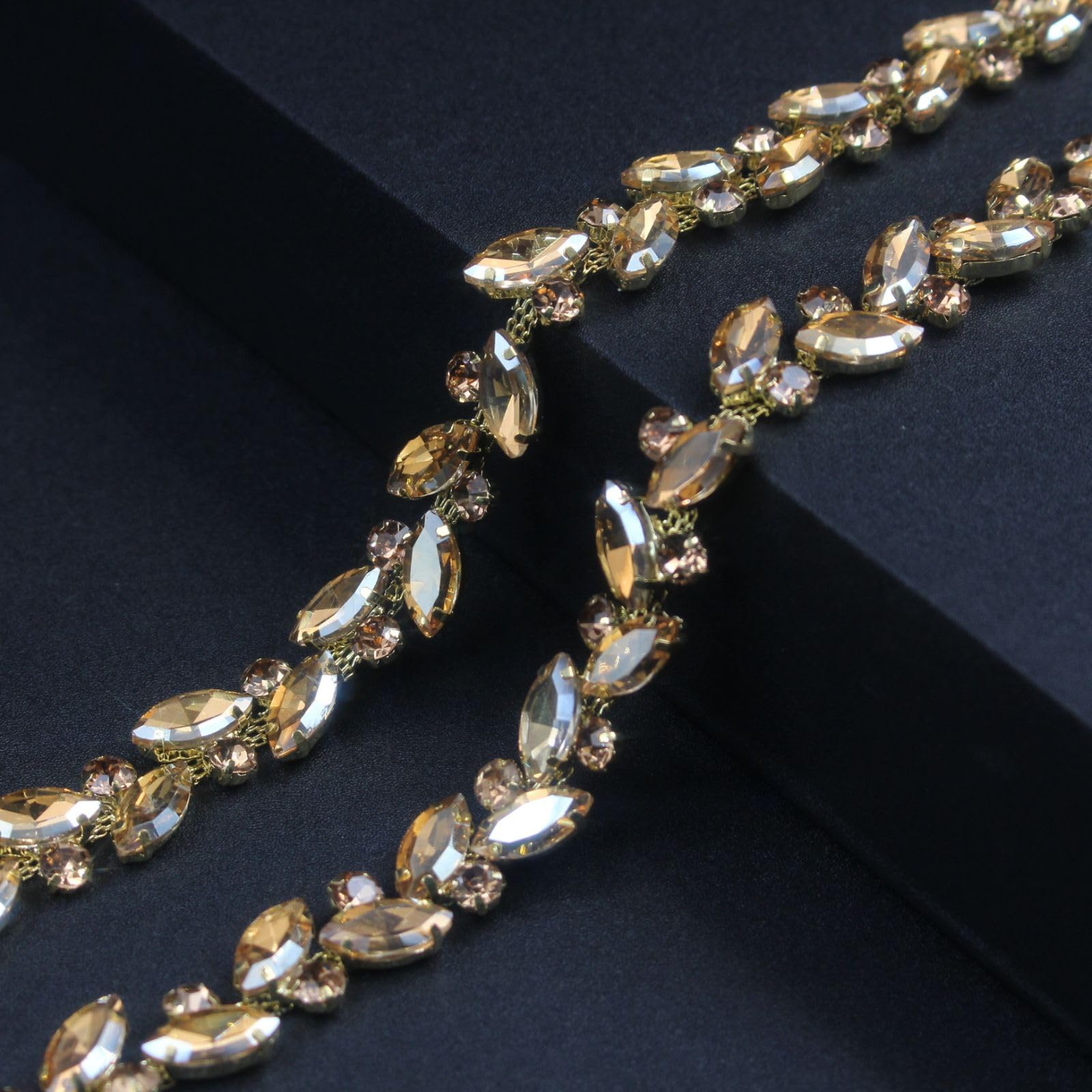 Photo 1 of 1 Yard Rhinestone Trim Chain Gold Yellow String Strips Crystal Applique Fringe Ribbon Beads Sewing for Dress DIY Party Wedding Bouquet Decoration Bridal Costume Embellishment