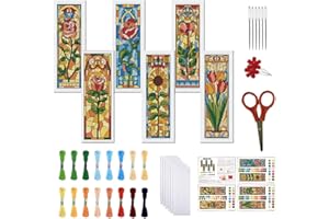 FREEBLOSS 6 Set Cross Stitch Bookmark Kit Stamped Cross Stitch Kit Stained Glass Flowers Pattern Embroidery Set with Instruct