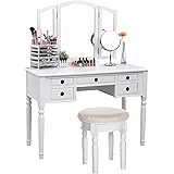 SONGMICS Vanity Set Tri-folding Mirror Make-up Dressing Table Cushioned Stool 5 Drawers White URDT108M