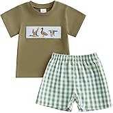 Arvbitana Toddler Baby Boy Hunting Outfit Summer Short Sleeve Mallard Duck T-shirt Checkered Plaid Shorts Two Piece Clothes