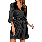 Ekouaer Women's Lace-Trim Silk Robes Bride Bridesmaid Kimono Satin Bathrobe V Neck Sleepwear with 3/4 Sleeve